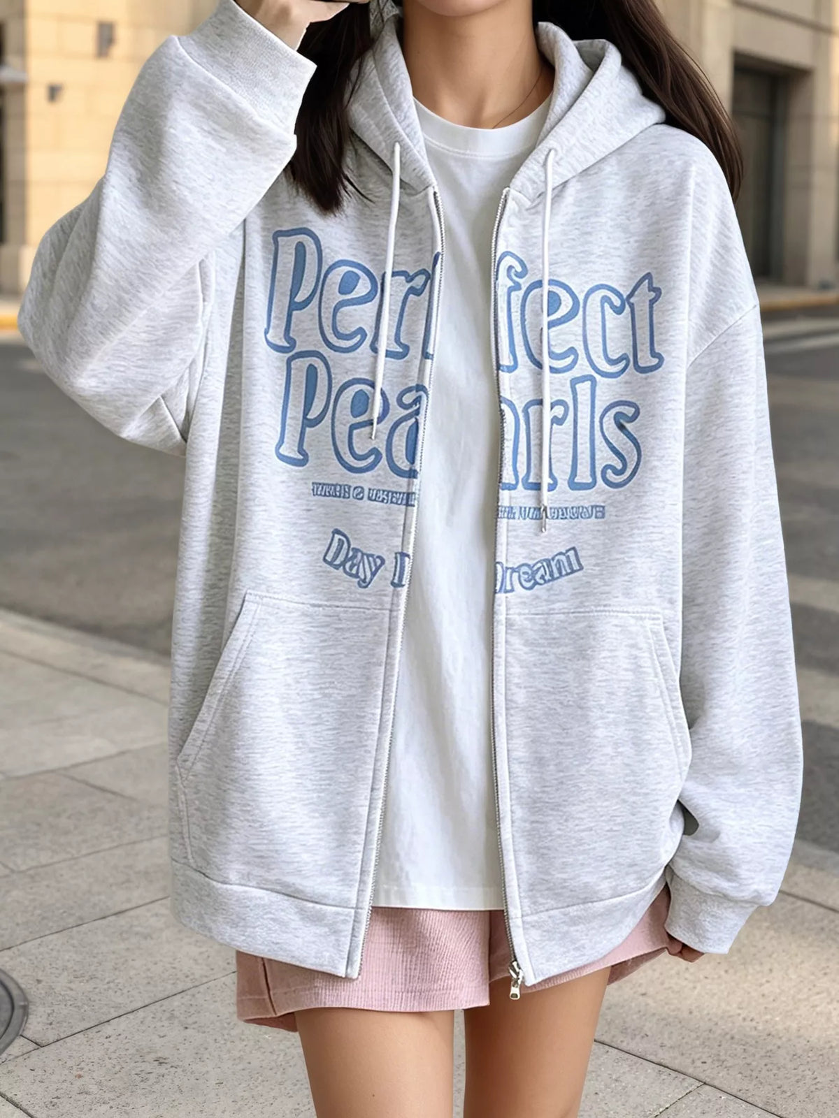 Letter Graphic Zip-Up Hoodie - Gray - View 3