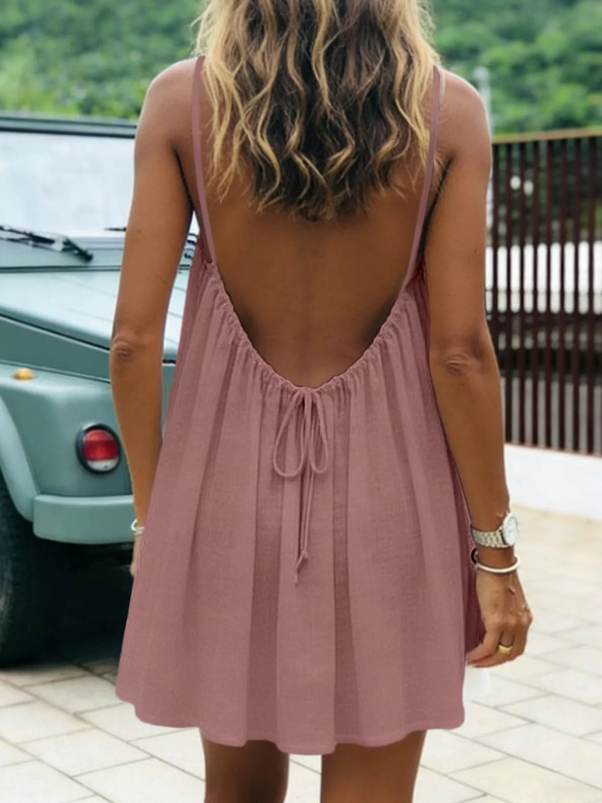 Full Size Backless Spaghetti Strap A-Line Mini Dress Plus Size - Pink-Style C - View 28