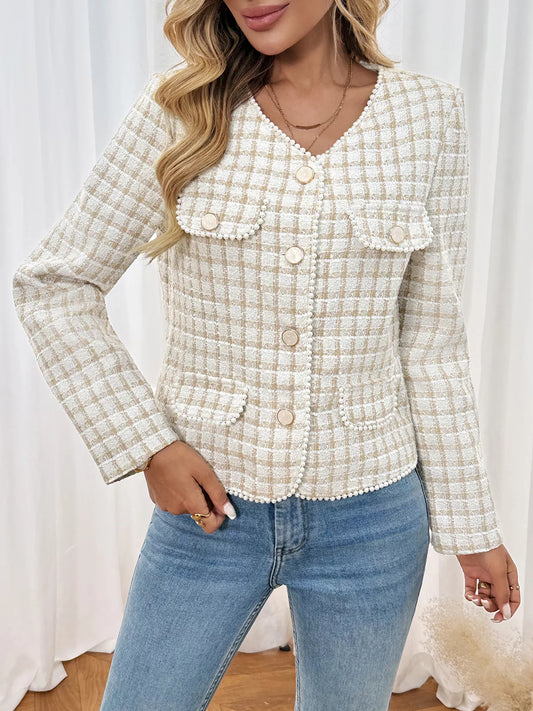 Plaid Button-Front Long Sleeve Outerwear - Apricot - View 1