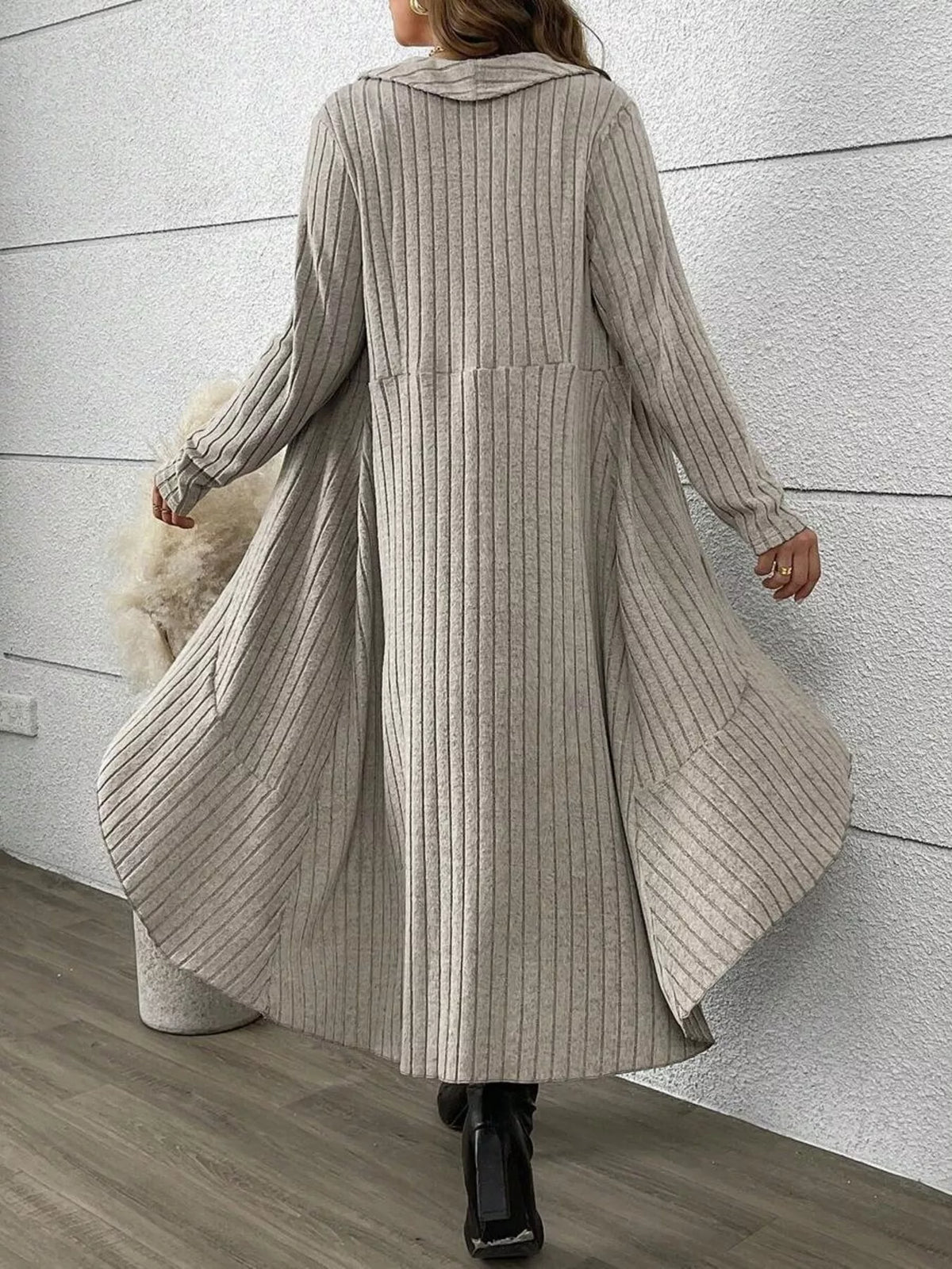 Full Size Ribbed Knit Cardigan and Plaid Dress Two-Piece Set Plus Size - Light Gray - View 3