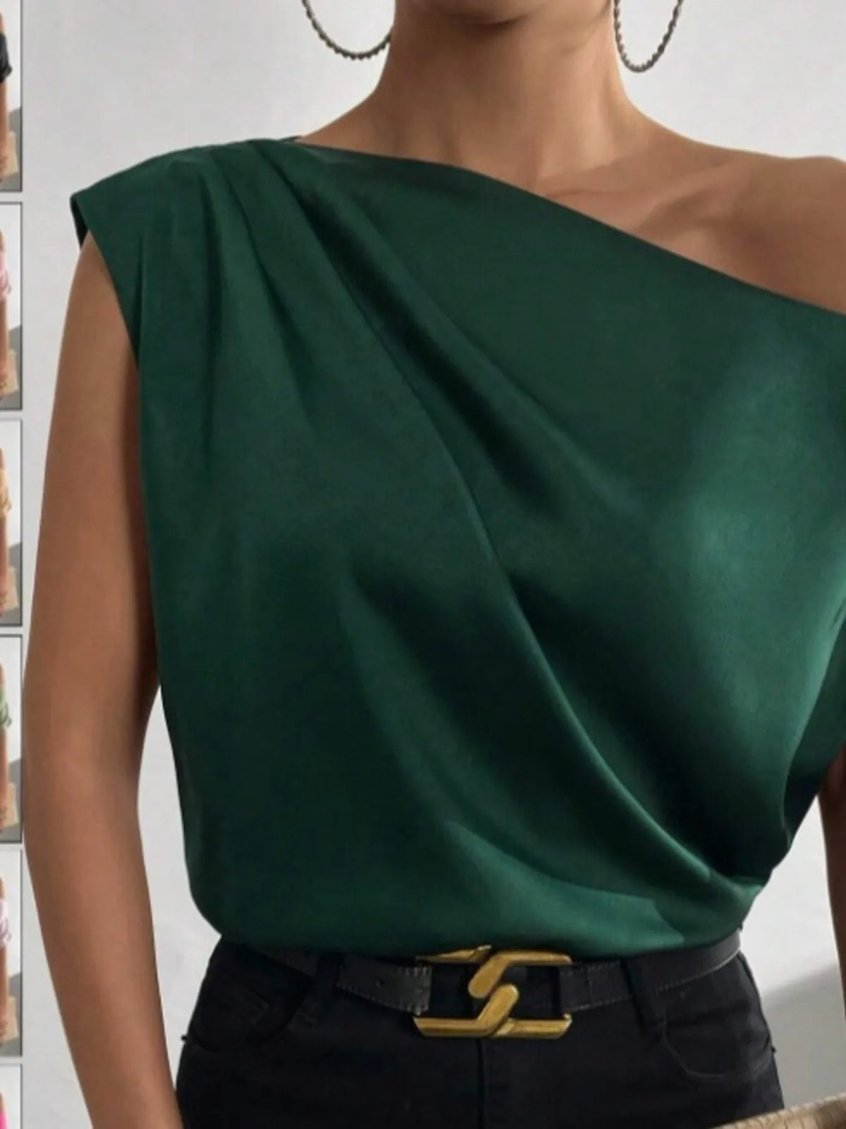 Asymmetrical One-Shoulder Draped Blouse - Dark Green - View 2