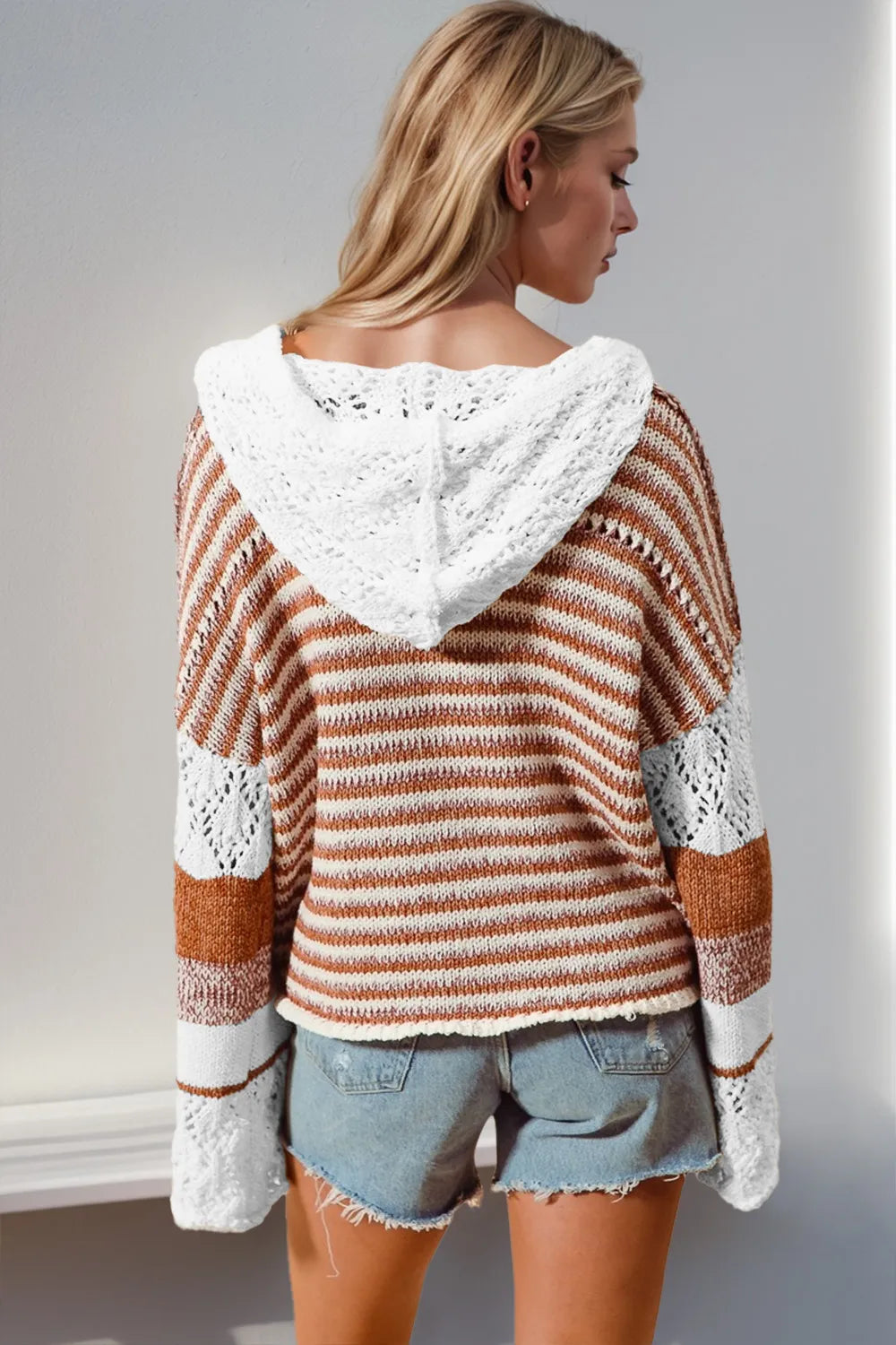 Double Take Full Size Openwork Contrast Long Sleeve Hooded Sweater Plus Size - Camel - View 4
