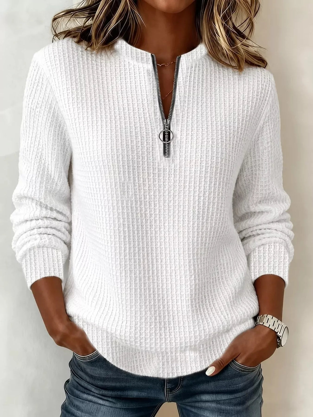Full Size Quarter-Zip Textured Sweatshirt Plus Size - White - View 1
