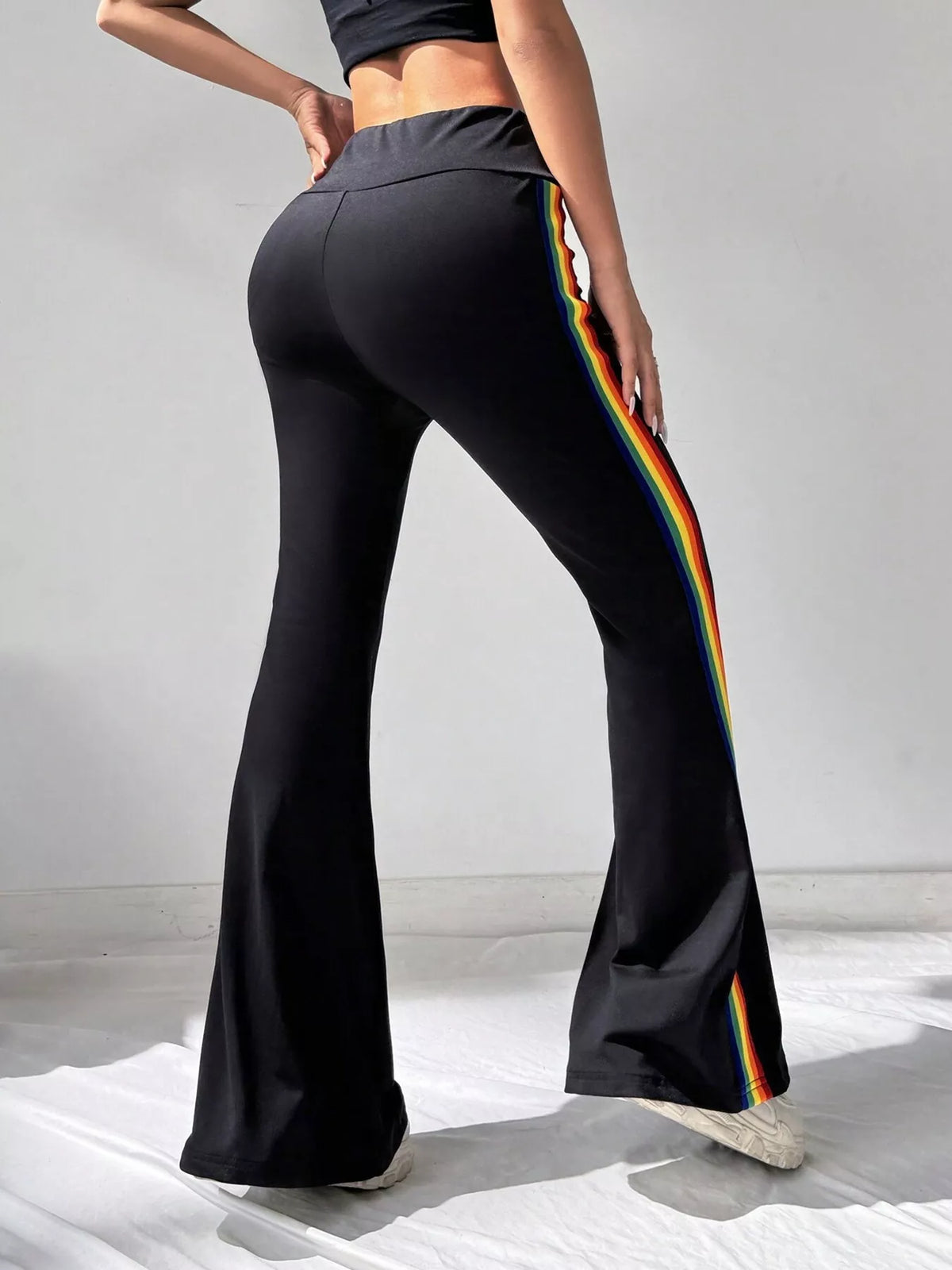 High-Waisted Side-Striped Flare Active Pants - Black and Color Strips - View 5