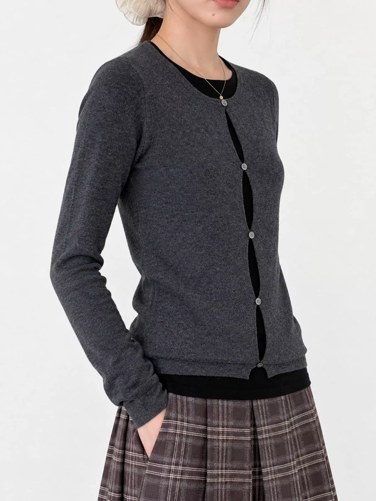 Layered Look Long Sleeve Knit Top - Charcoal Gray - View 11