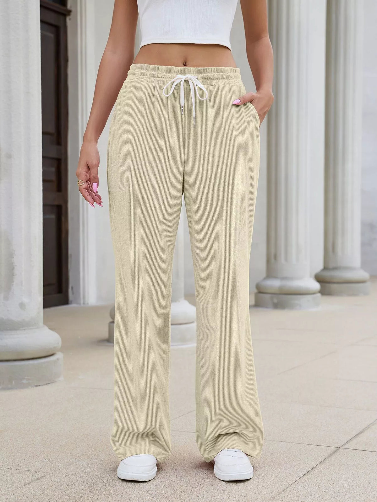 High-Waisted Drawstring Wide-Leg Casual Pants - Apricot Color - View 2