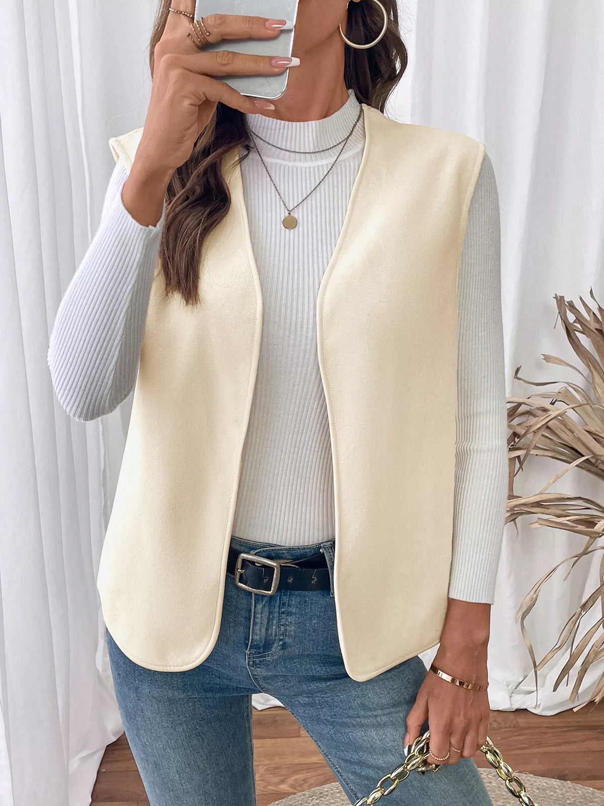 Full Size Open Front Vest Coat Plus Size - Apricot - View 1