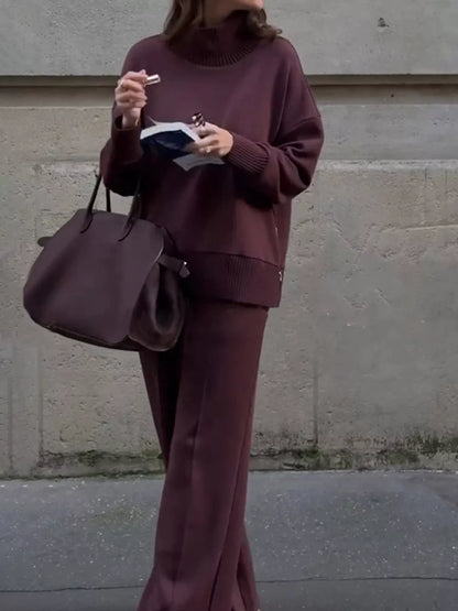 Dropped Shoulder Sweatshirt and Wide-Leg Pants Set - Burgundy - View 4