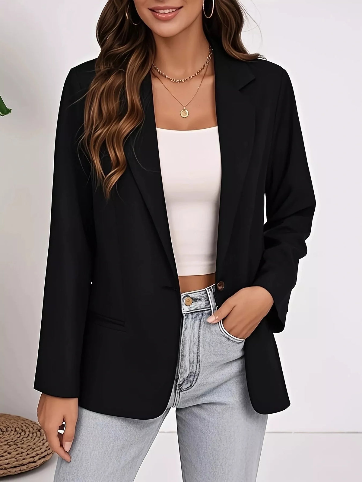 Plus Size Lapel Collar Single-Button Blazer - Black - View 3