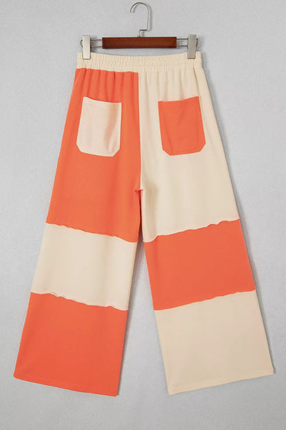 Raw Seam Colorblock Wide Leg Ankle Length Casual Pants - Orange - View 5