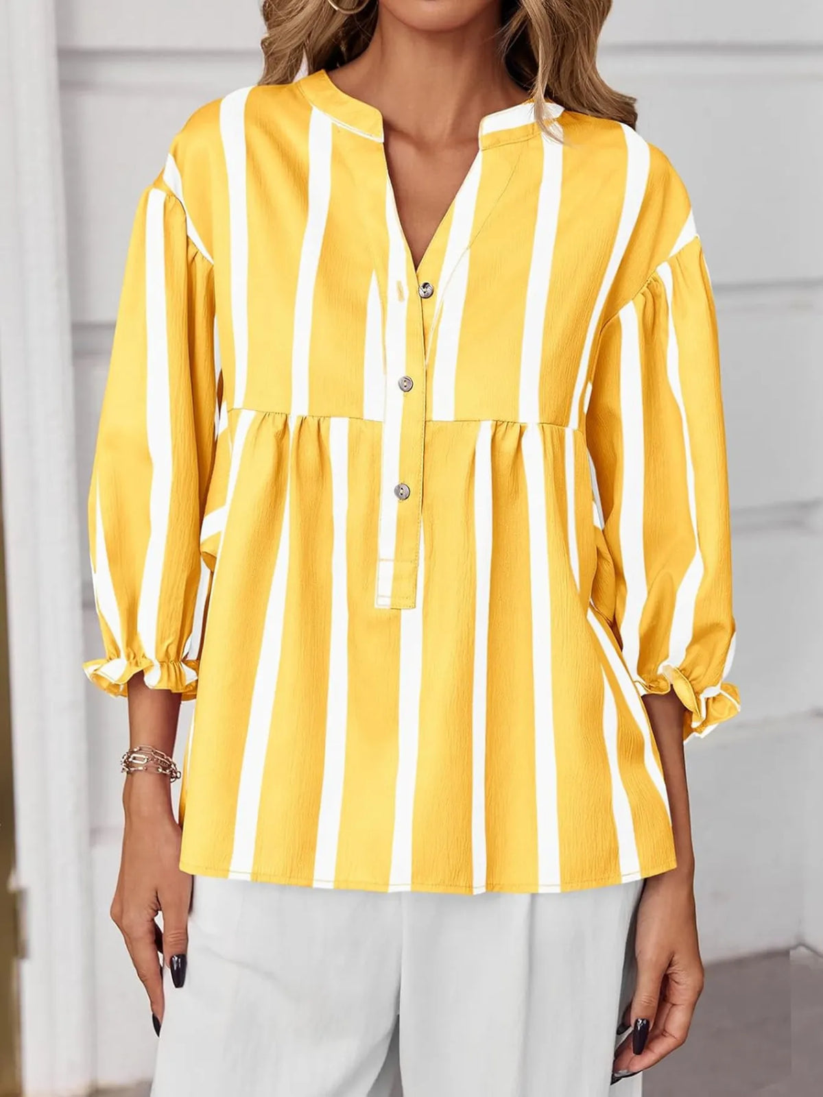 Striped Button Front Notched Blouse - Yellow - View 19