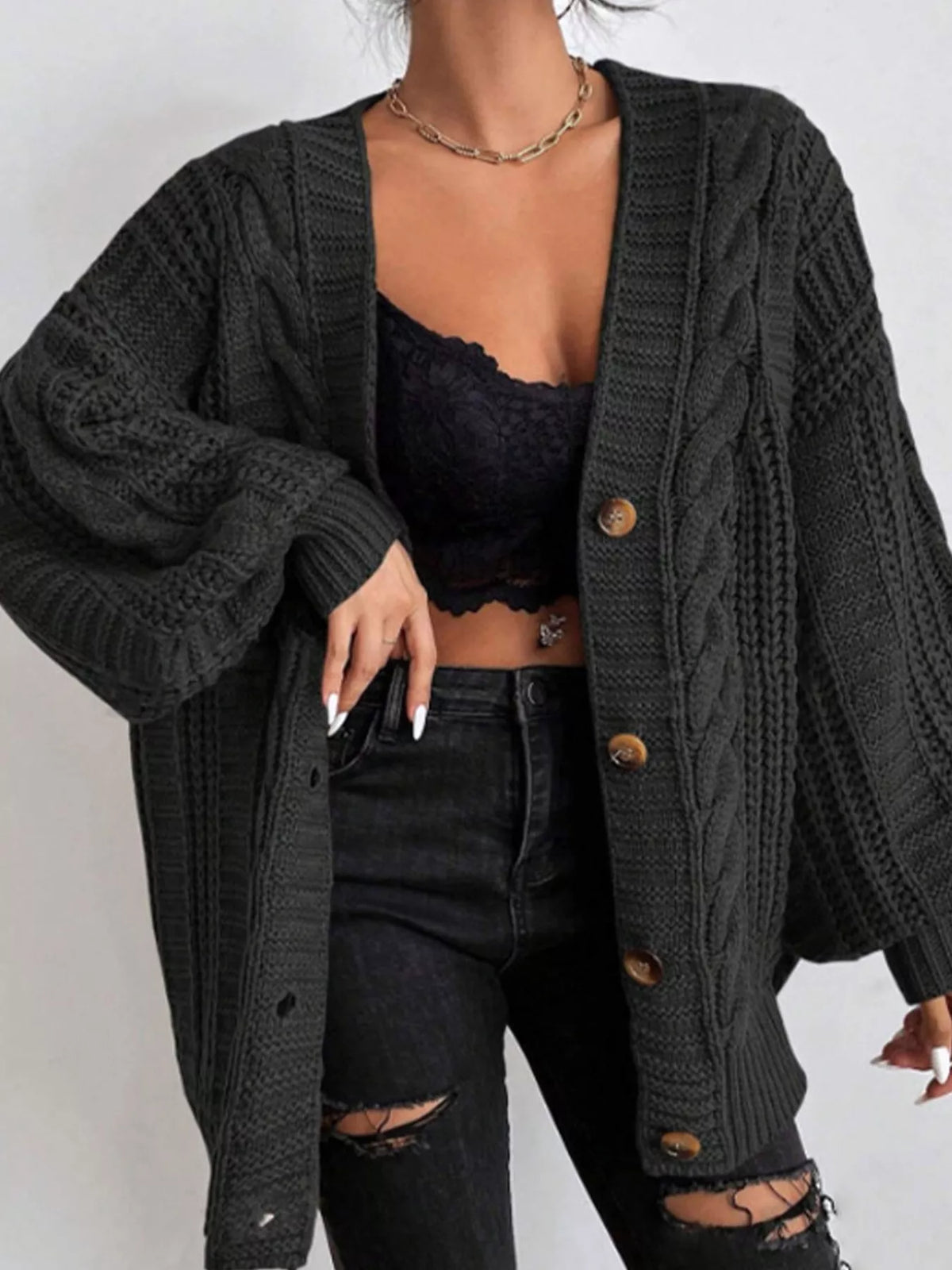 Cable Knit V-Neck Button-Down Cardigan - Black - View 1