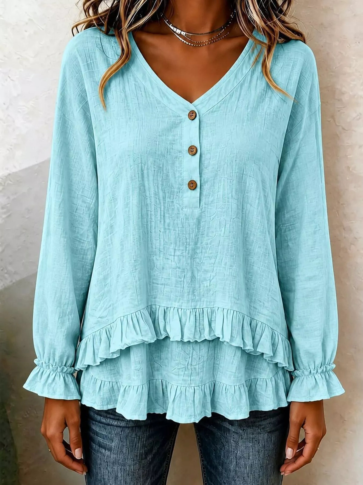 V-Neck Long Sleeve Button Detail Ruffled Hem Blouse - Green - View 1