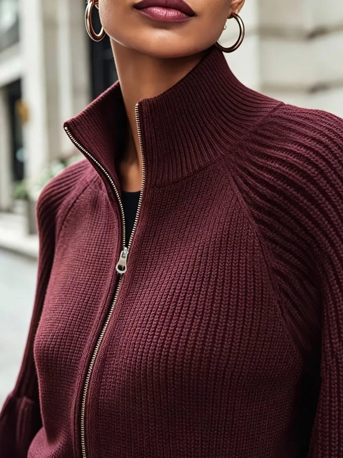 Ribbed Knit Zip-Up Cardigan with Lantern Sleeves - Dark Burgundy - View 5