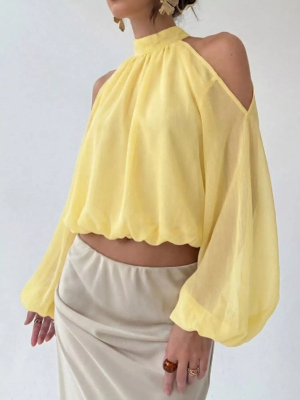 Cold-Shoulder Long Sleeve Blouse - Yellow - View 12
