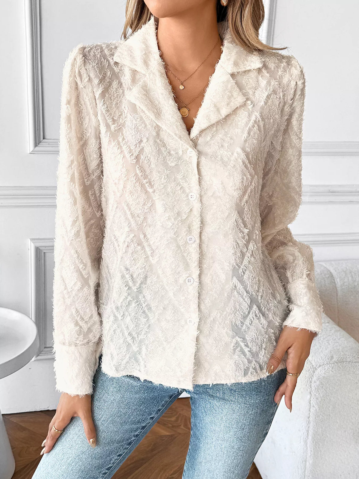 Textured Long Sleeve Button-Up Shirt - Apricot - View 1