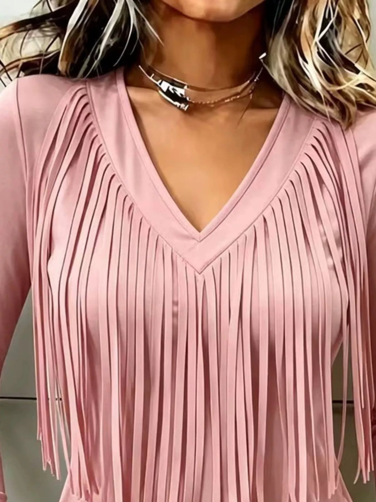 Fringe V-Neck Long Sleeve T-Shirt - Pink - View 2