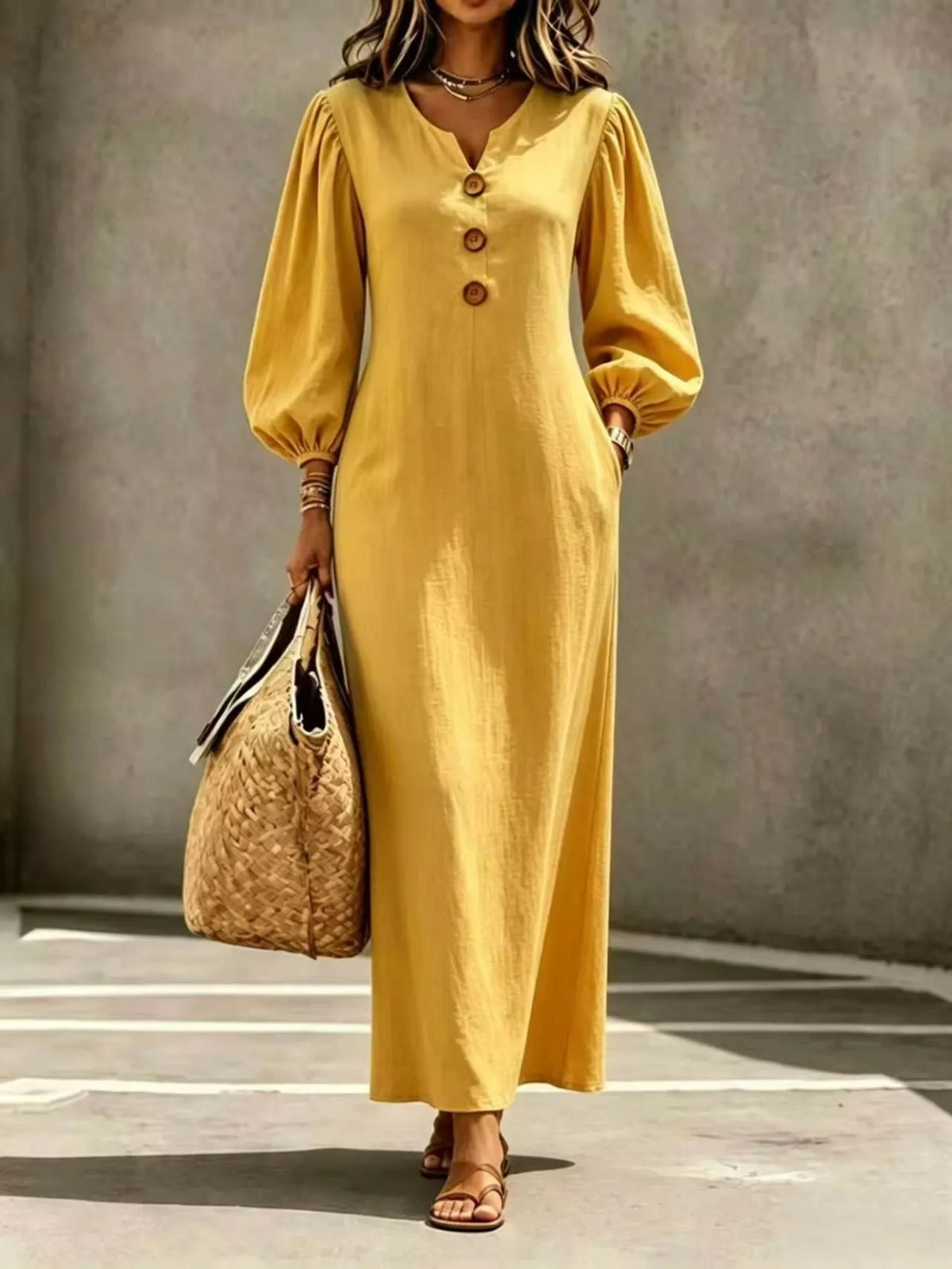 Decorative Button Balloon Sleeve Maxi Dress - Mustard - View 1