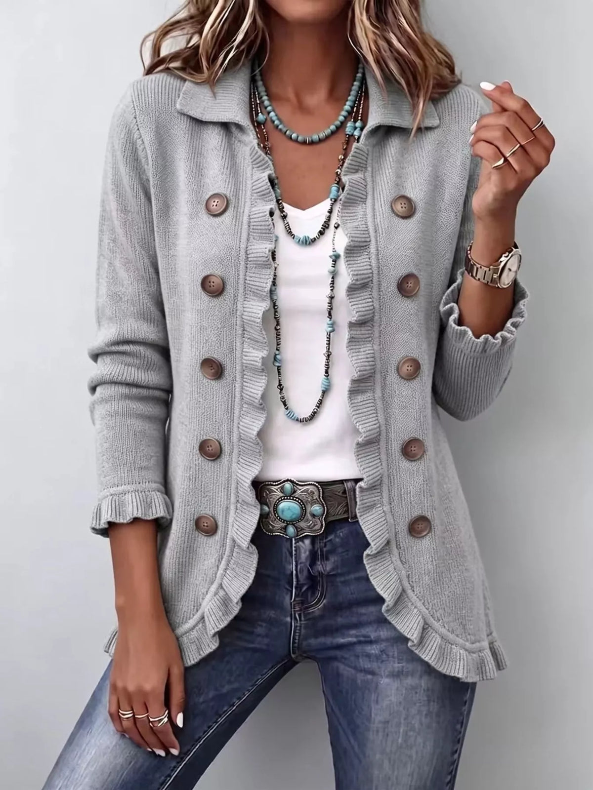 Full Size Ruffled Trim Decorative Button Cardigan Plus Size - Gray - View 1