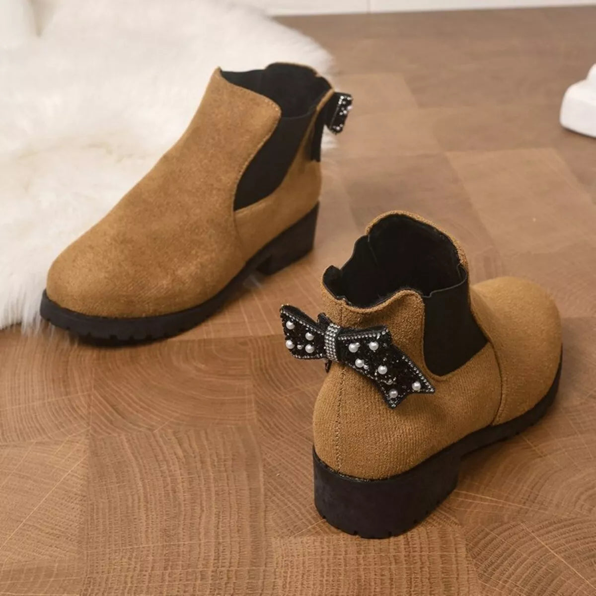 Round Toe Block Heels Boots - Tan - View 10
