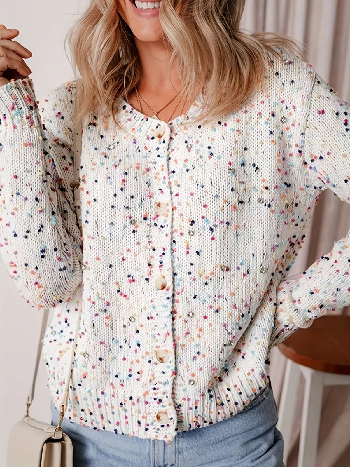 Textured Knit Button-Up Cardigan - White - View 5
