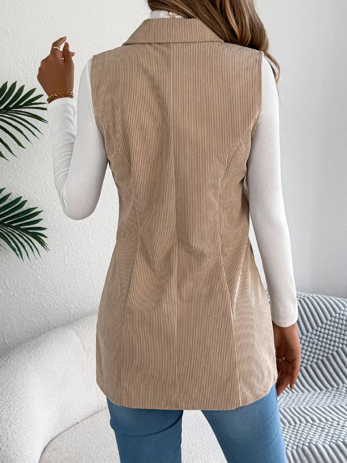Button-Front Longline Vest Coat - Khaki - View 2