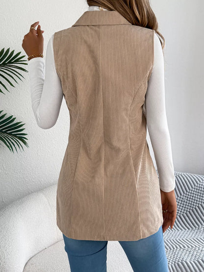Button-Front Longline Vest Coat - Khaki - View 2