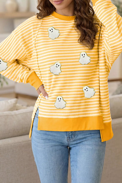 Stripe Halloween Ghost Patch Round Neck Long Sleeve Top - Sherbet - View 3