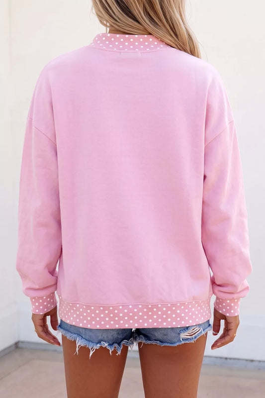 Polka Dot Letter Print Mock Neck Pullover Sweatshirt - Pink - View 2