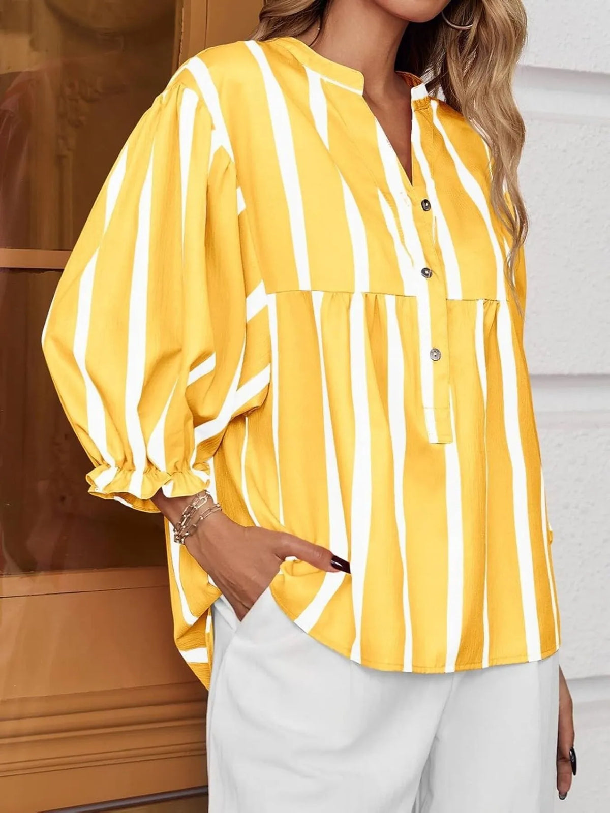 Striped Button Front Notched Blouse - Yellow - View 18