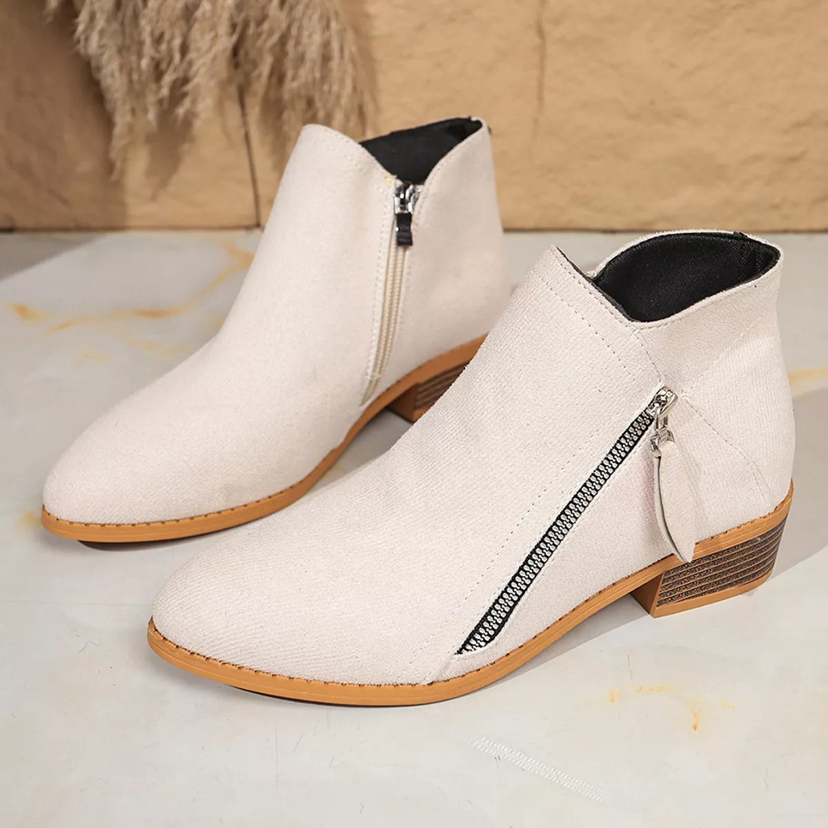 Point Toe Block Heels Boots - Beige - View 10