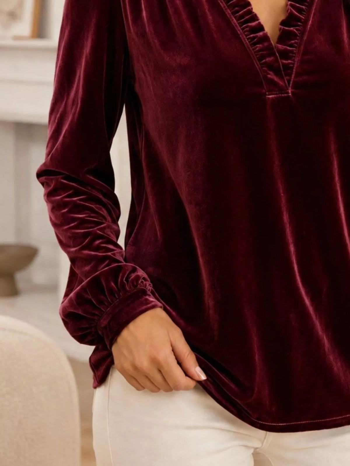 V-Neck Ruffle Trim Velvet Blouse - Burgundy - View 3