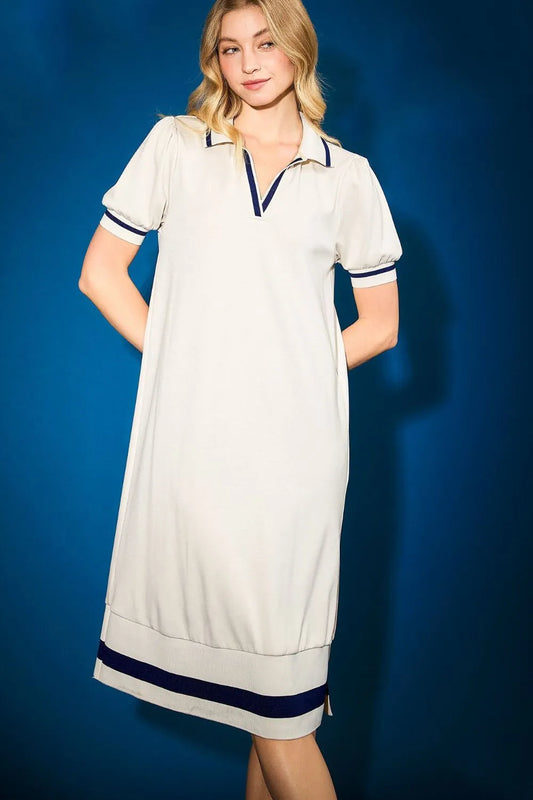 Umgee Side Slit Contrast Trim Short Sleeve Dress - Cream - View 1