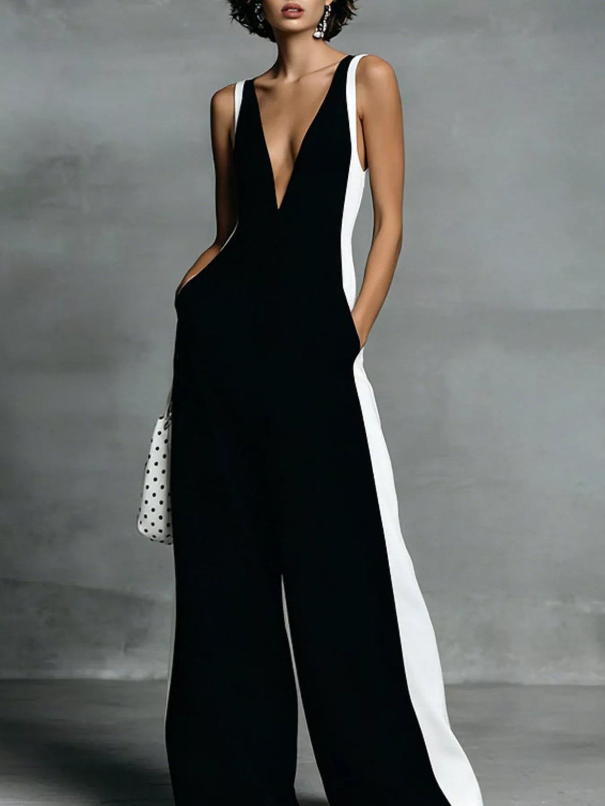 Contrast Trim V-Neck Sleeveless Jumpsuit - Black - View 1
