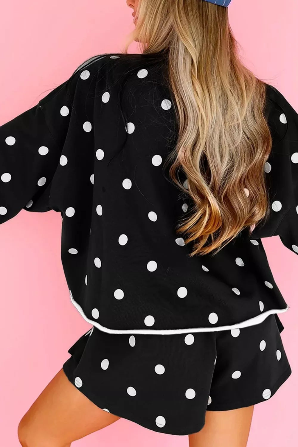 Polka Dot Raw Hem Relaxed Pullover Loose Skort Two Piece Set - Black - View 4