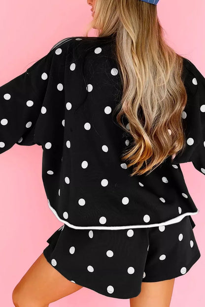 Polka Dot Raw Hem Relaxed Pullover Loose Skort Two Piece Set - Black - View 4