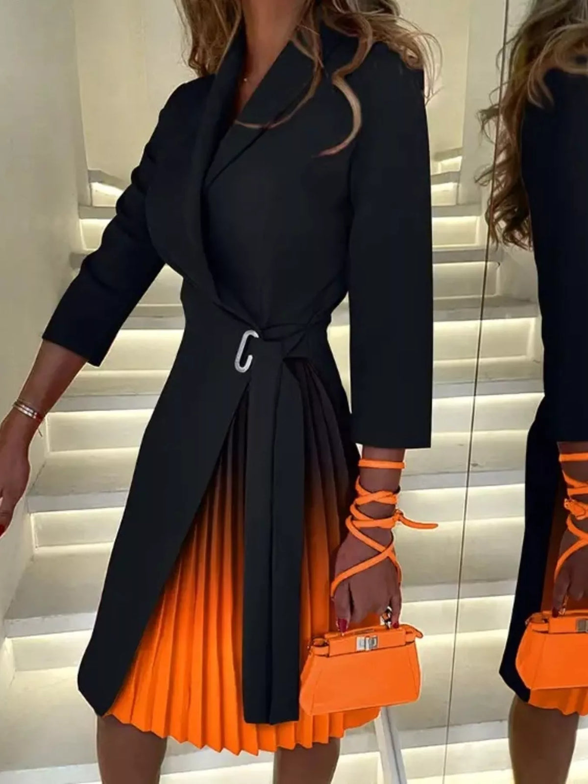 Blazer Style Pleated Midi Dress - Tangerine - View 1