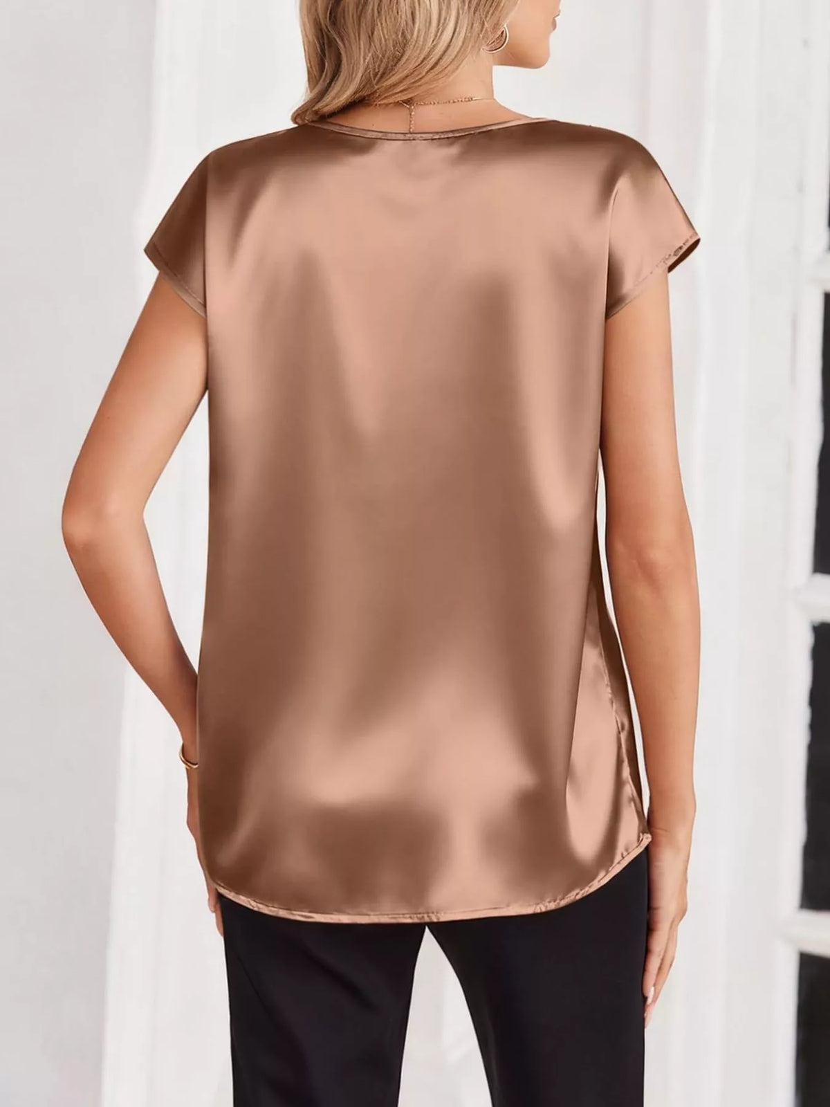 Satin V-Neck Cap Sleeve Blouse - Khaki - View 7