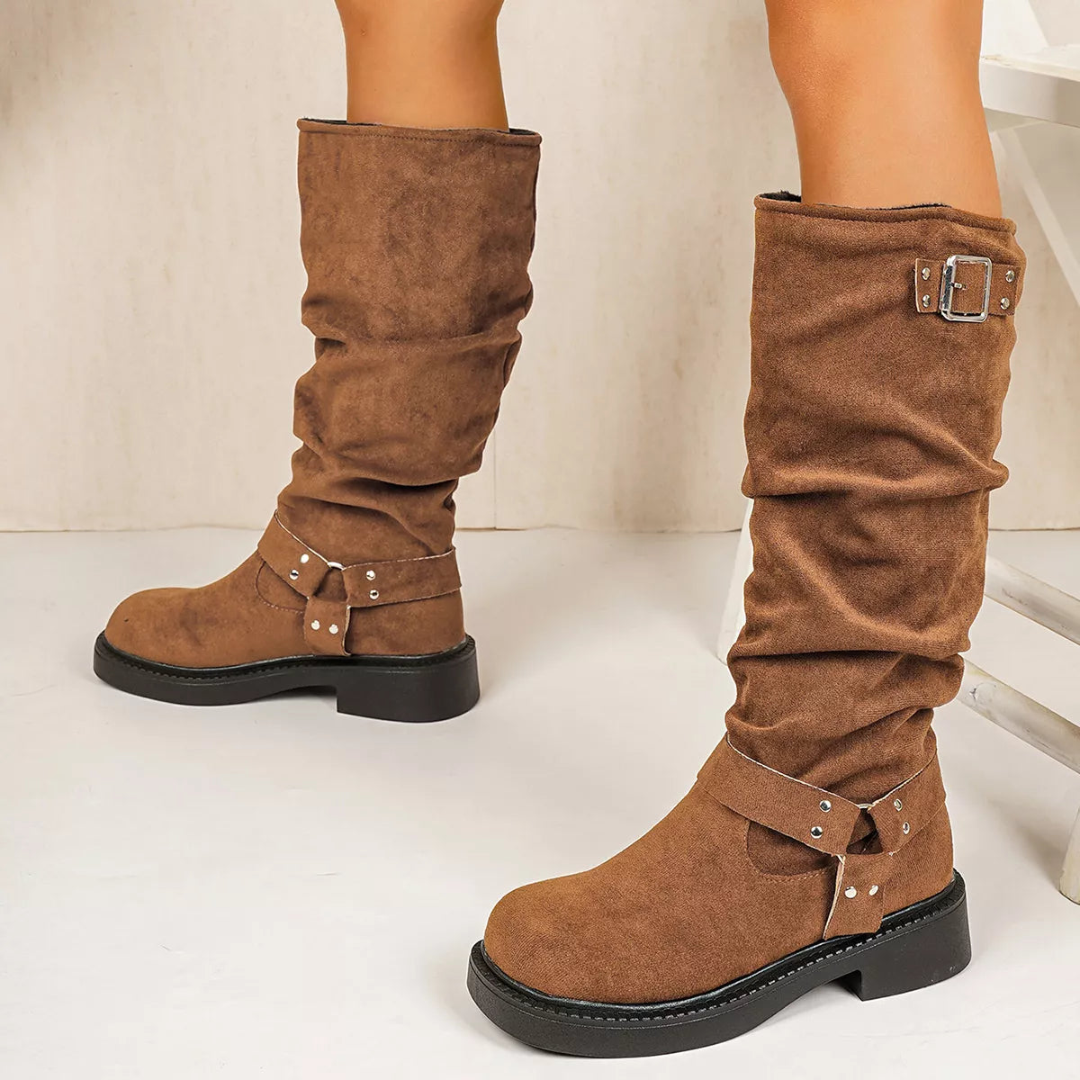 Round Toe Block Heels Boots - Brown - View 3