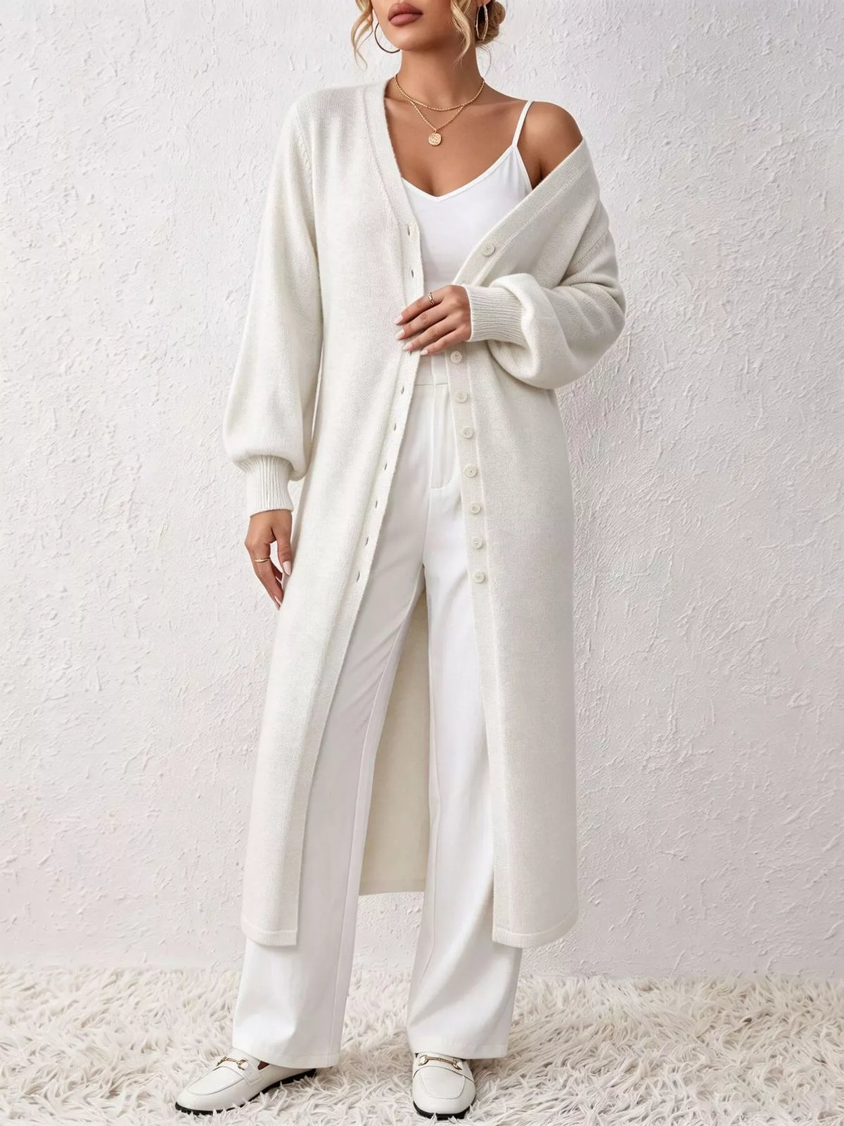 Button Front Long Sleeve Sweater Dress - White - View 2