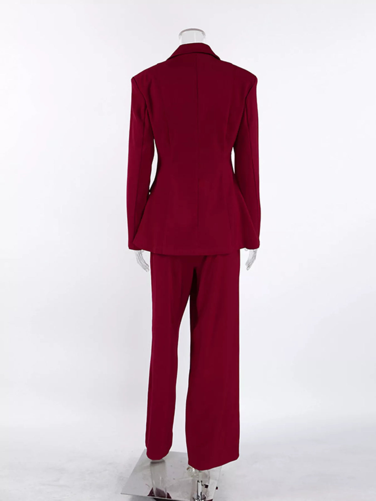 Single-Breasted Blazer and Wide-Leg Pants Set - Burgundy - View 7