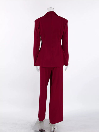 Single-Breasted Blazer and Wide-Leg Pants Set - Burgundy - View 7
