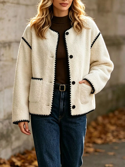 Faux Shearling Contrast Trim Button-Down Outerwear - White - View 1