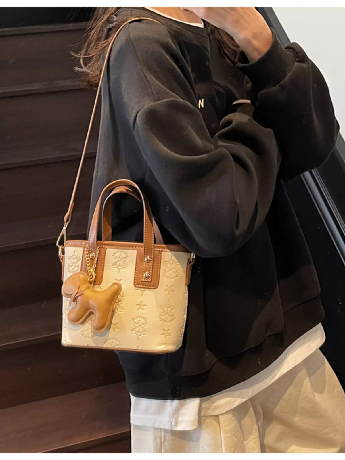 Embossed Pattern Dog Charm Crossbody Bag - Beige - View 6