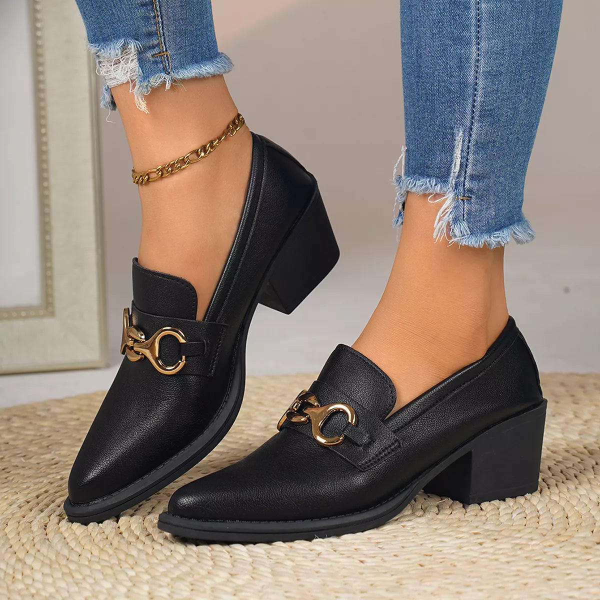 Point Toe Block Heels Loafers - F34 Black - View 3