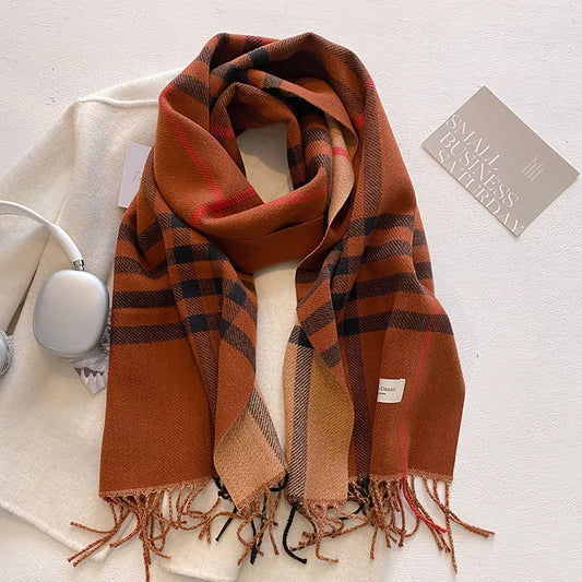 Plaid Fringe Winter Scarf - Terracotta - View 1