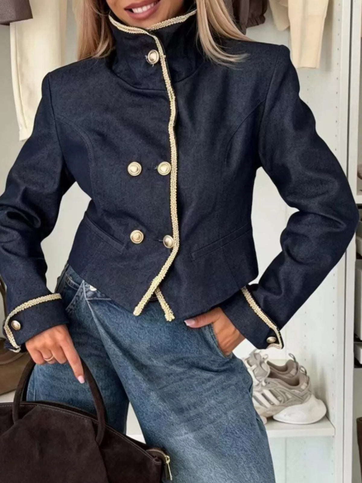 Double-Breasted Cropped Jacket - Dark Blue - View 3