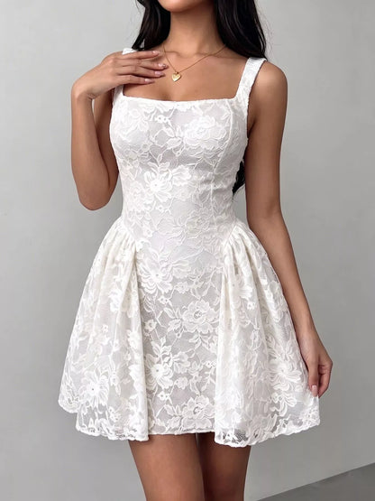 Floral Lace Square Neck Mini Dress - White - View 1
