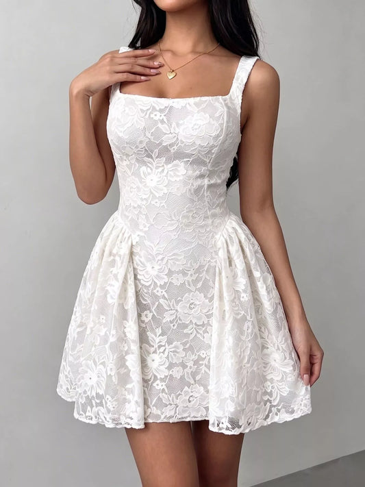 Floral Lace Square Neck Mini Dress - White - View 1