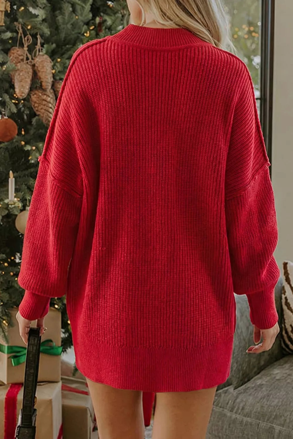 Long Sleeve Ribbed Knit Stand Neck Regular Fit Sweater - Rust - View 4